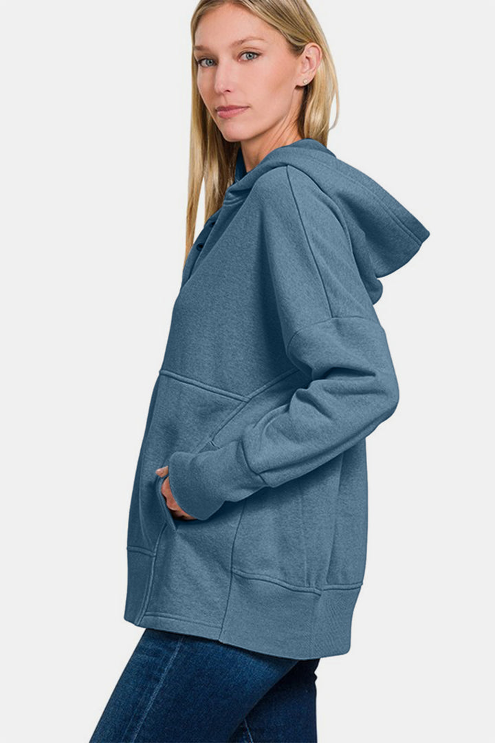 Zenana - Half Snap Hoodie with Kangaroo Pocket - Blue - Inspired Eye Boutique