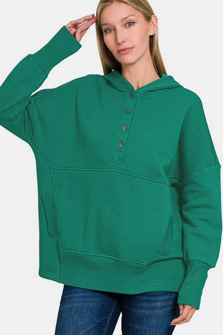 Zenana - Half Snap Hoodie with Kangaroo Pocket - Green - Inspired Eye Boutique