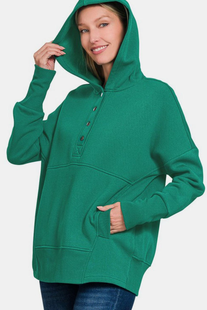 Zenana - Half Snap Hoodie with Kangaroo Pocket - Green - Inspired Eye Boutique