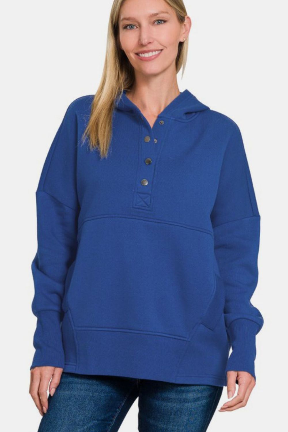 Zenana - Half Snap Hoodie with Kangaroo Pocket - Navy - Inspired Eye Boutique