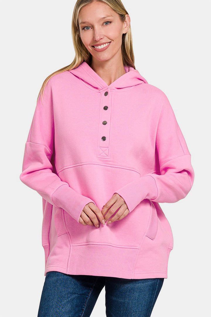 Zenana - Half Snap Hoodie with Kangaroo Pocket - Pink - Inspired Eye Boutique