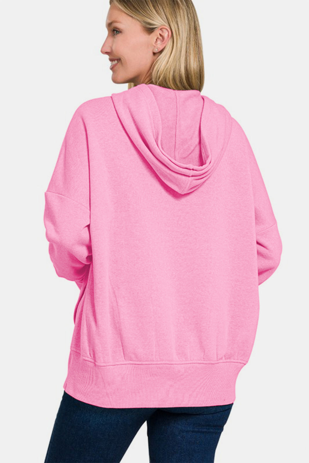 Zenana - Half Snap Hoodie with Kangaroo Pocket - Pink - Inspired Eye Boutique