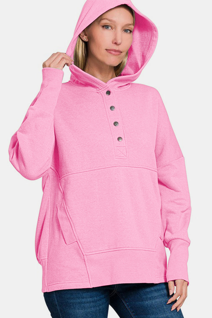 Zenana - Half Snap Hoodie with Kangaroo Pocket - Pink - Inspired Eye Boutique