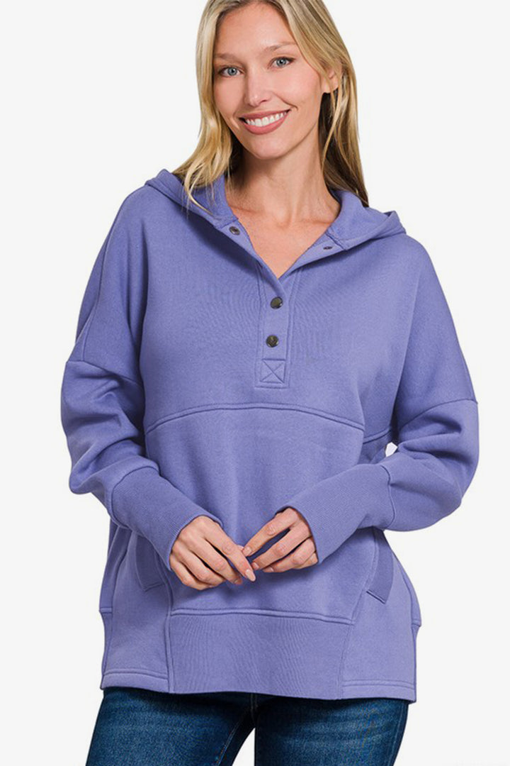 Zenana - Half Snap Hoodie with Kangaroo Pocket - Purple - Inspired Eye Boutique