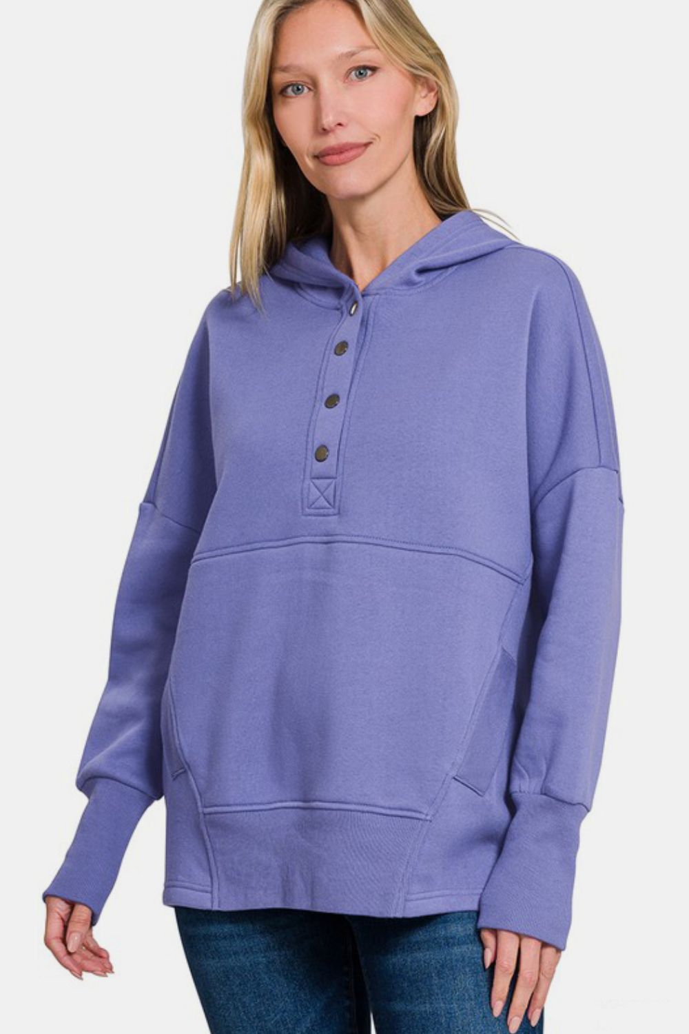 Zenana - Half Snap Hoodie with Kangaroo Pocket - Purple - Inspired Eye Boutique