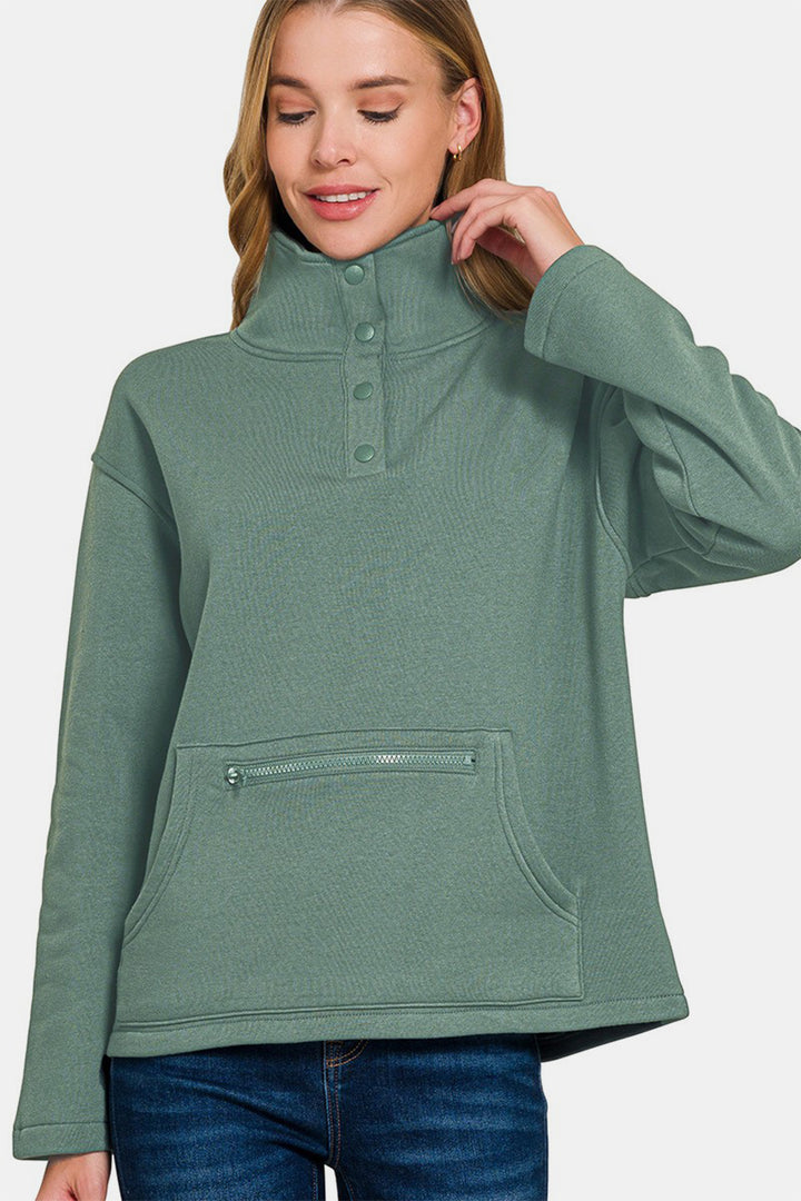 Zenana - Half Snap Turtleneck Fleece Sweatshirt - Ash Jade - Inspired Eye Boutique