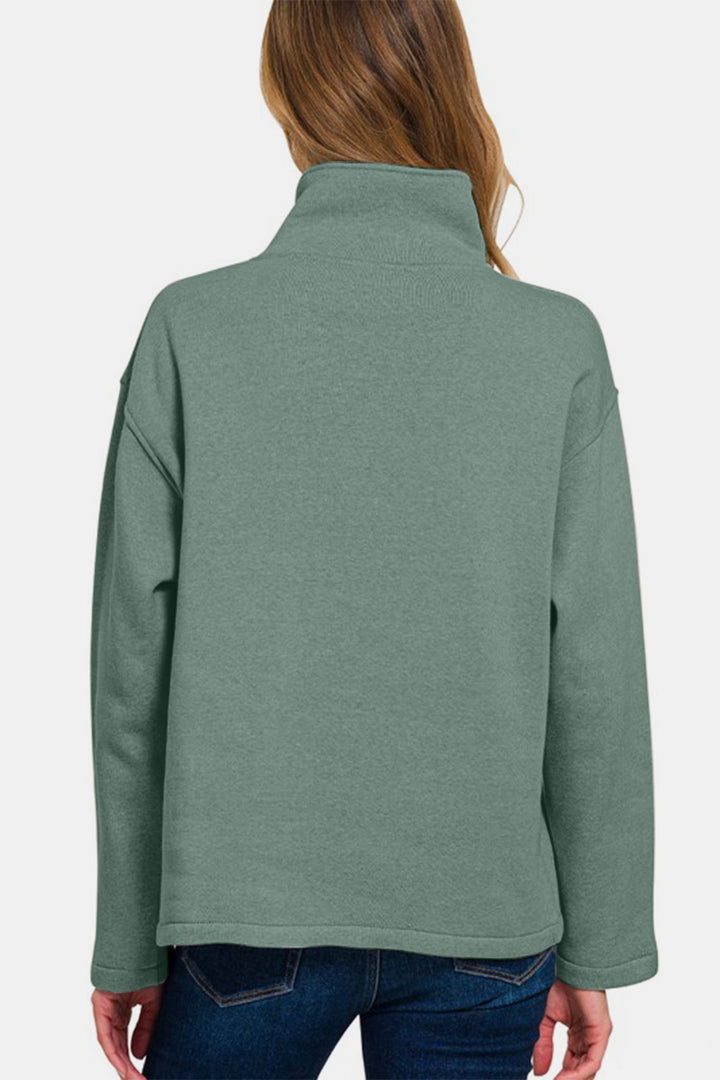 Zenana - Half Snap Turtleneck Fleece Sweatshirt - Ash Jade - Inspired Eye Boutique