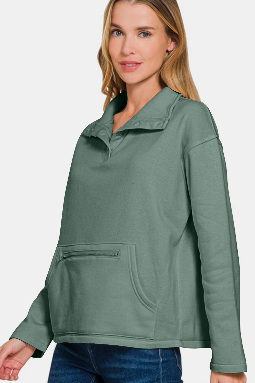 Zenana - Half Snap Turtleneck Fleece Sweatshirt - Ash Jade - Inspired Eye Boutique