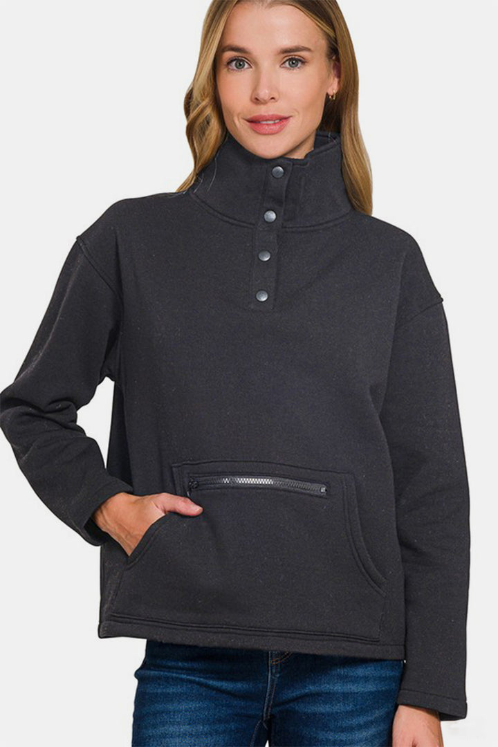 Zenana - Half Snap Turtleneck Fleece Sweatshirt - Black - Inspired Eye Boutique