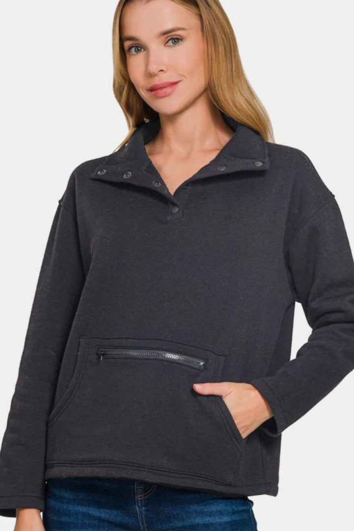 Zenana - Half Snap Turtleneck Fleece Sweatshirt - Black - Inspired Eye Boutique