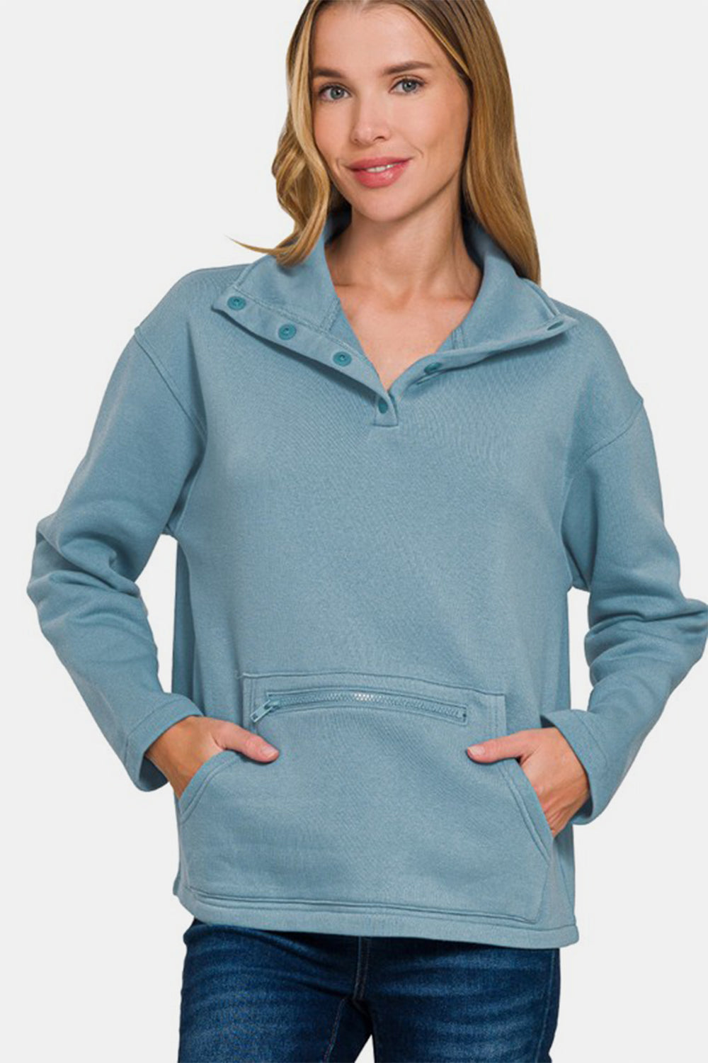 Zenana - Half Snap Turtleneck Fleece Sweatshirt - Blue Grey - Inspired Eye Boutique