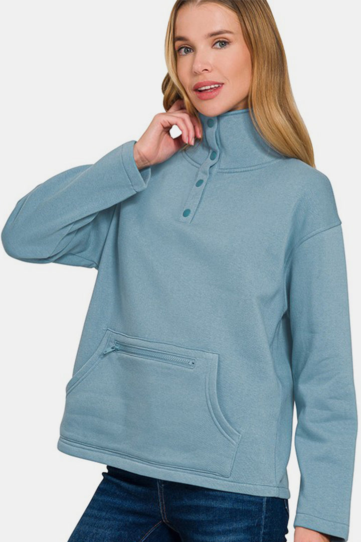 Zenana - Half Snap Turtleneck Fleece Sweatshirt - Blue Grey - Inspired Eye Boutique