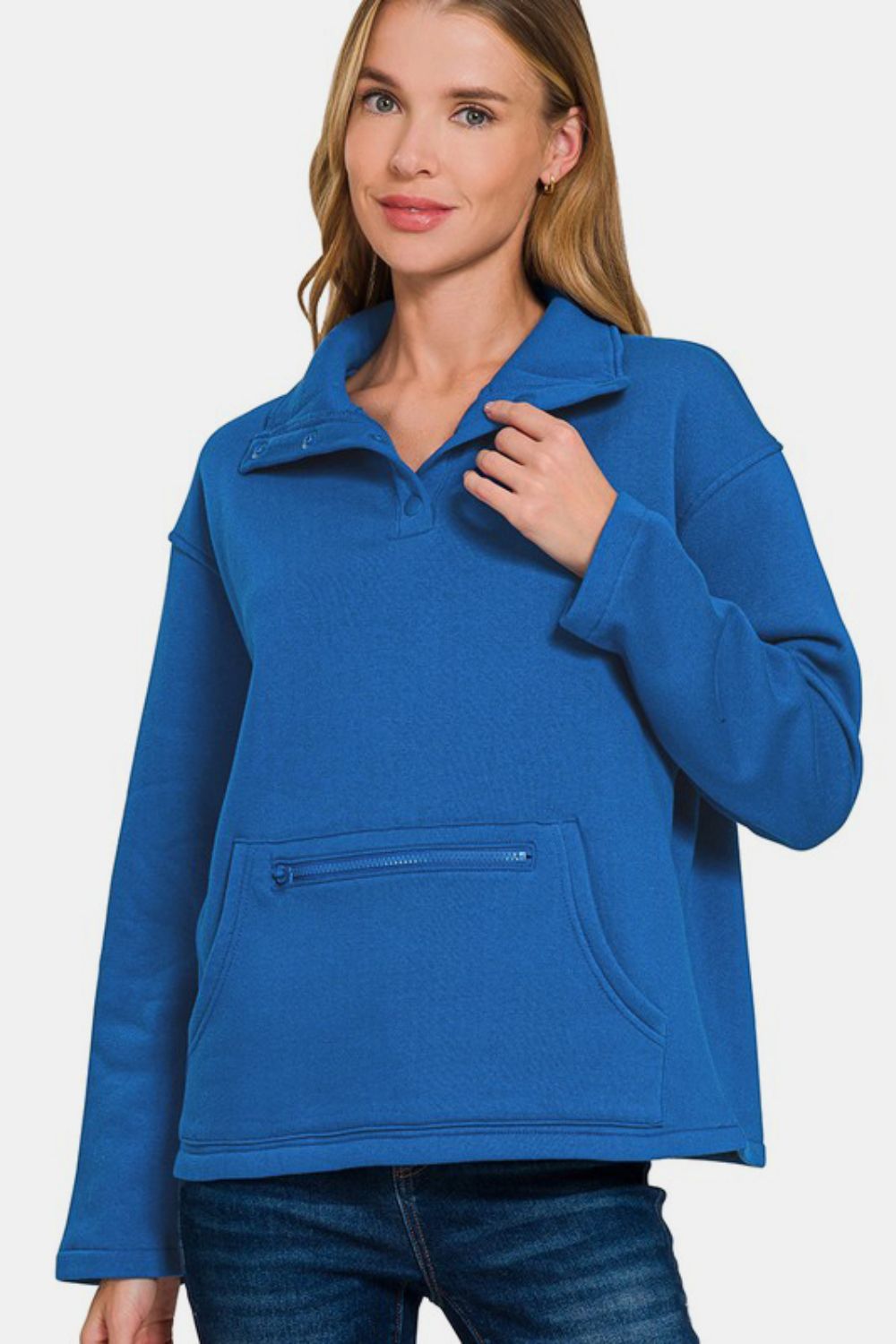 Zenana - Half Snap Turtleneck Fleece Sweatshirt - Classic Blue - Inspired Eye Boutique