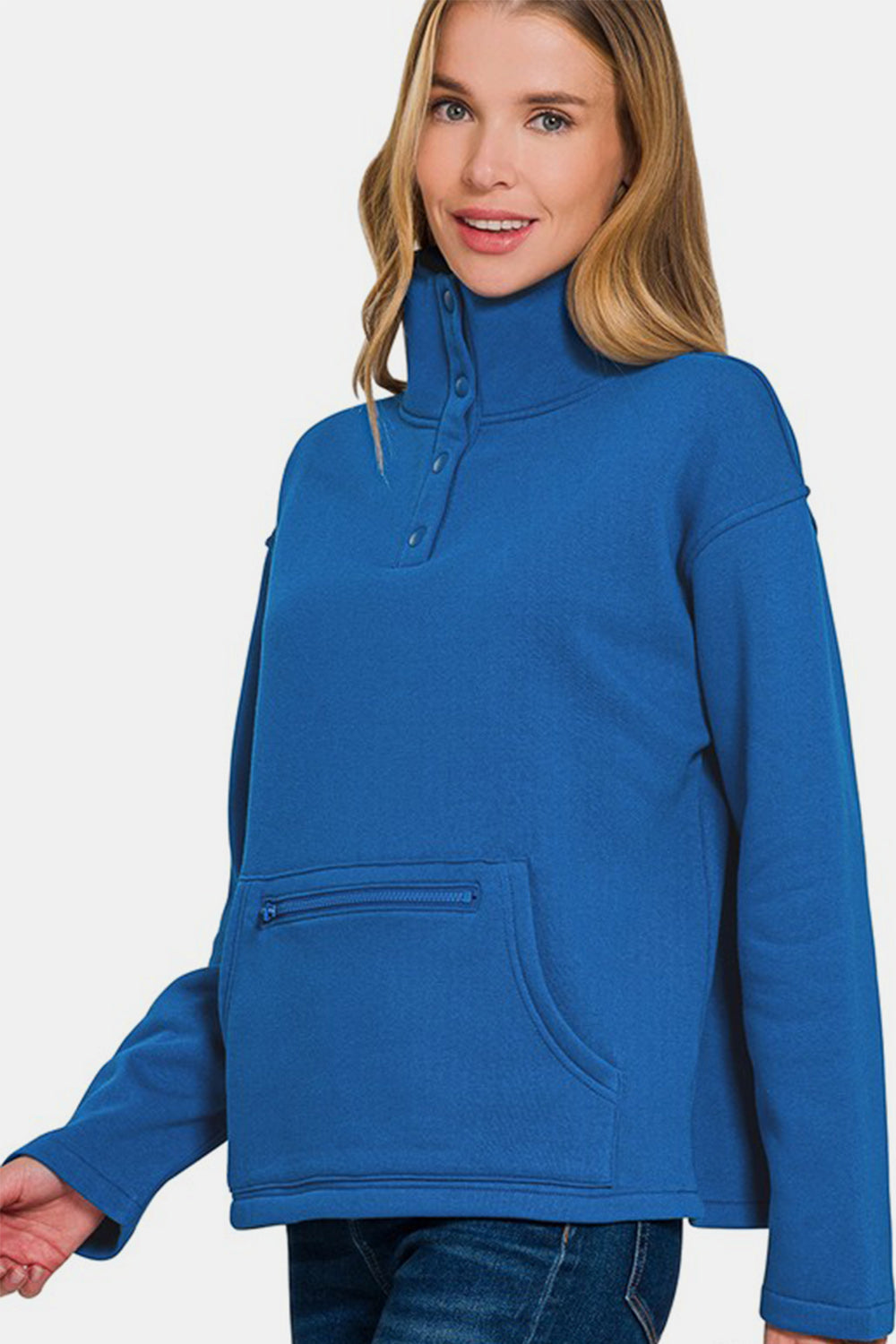 Zenana - Half Snap Turtleneck Fleece Sweatshirt - Classic Blue - Inspired Eye Boutique