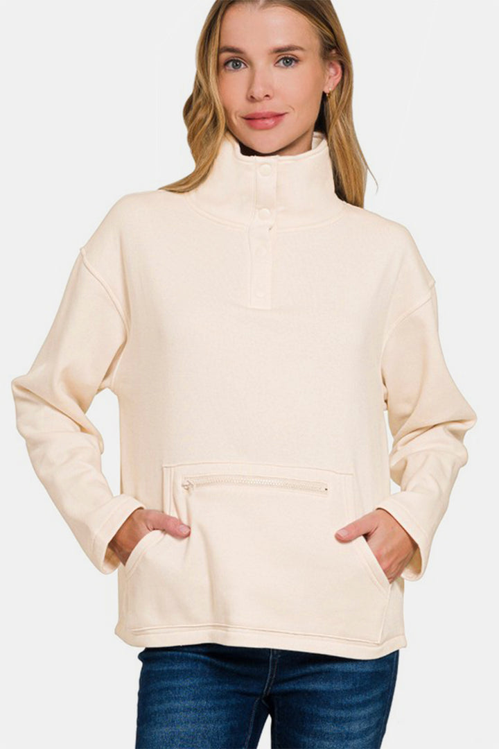 Zenana - Half Snap Turtleneck Fleece Sweatshirt - Cream - Inspired Eye Boutique