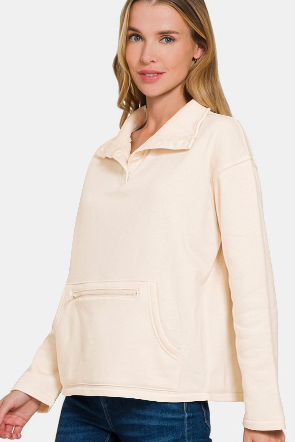 Zenana - Half Snap Turtleneck Fleece Sweatshirt - Cream - Inspired Eye Boutique