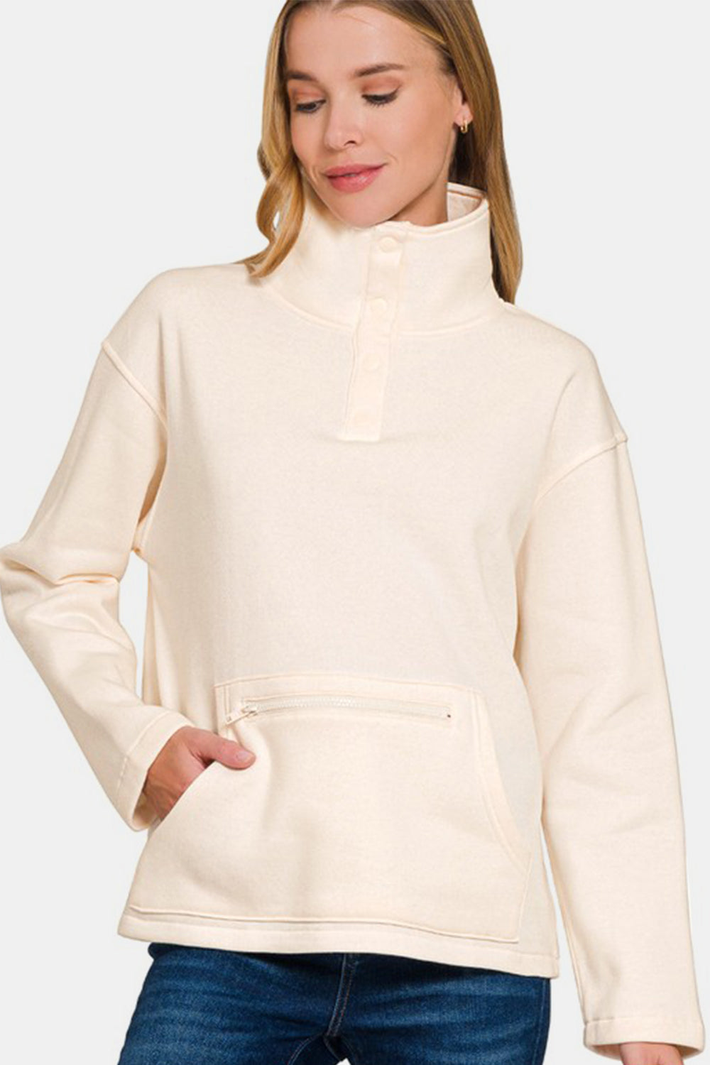 Zenana - Half Snap Turtleneck Fleece Sweatshirt - Cream - Inspired Eye Boutique