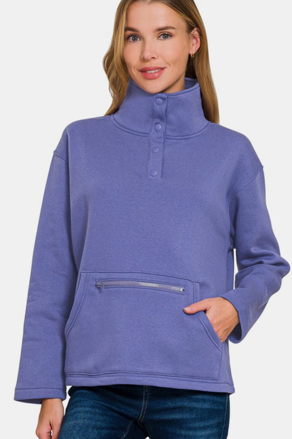 Zenana - Half Snap Turtleneck Fleece Sweatshirt - Purple - Inspired Eye Boutique