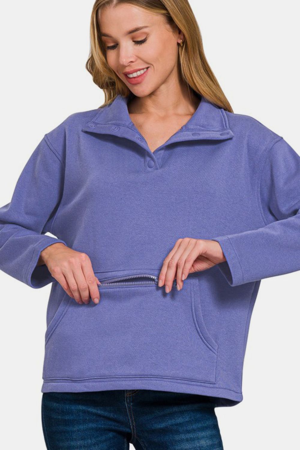 Zenana - Half Snap Turtleneck Fleece Sweatshirt - Purple - Inspired Eye Boutique