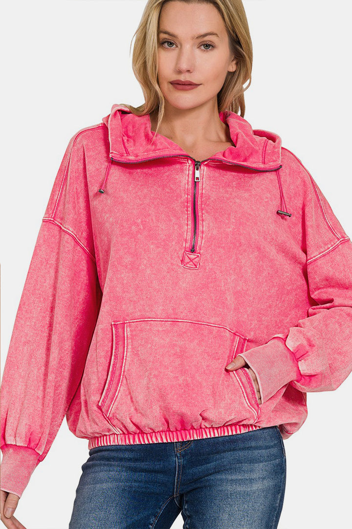 Zenana Half Zip French Terry Sweatshirt - Fuchsia Pink - Inspired Eye Boutique