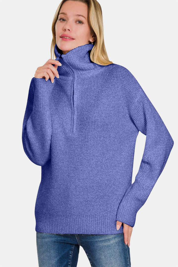 Zenana - Half Zip Long Sleeve Sweater - Marlin - Inspired Eye Boutique