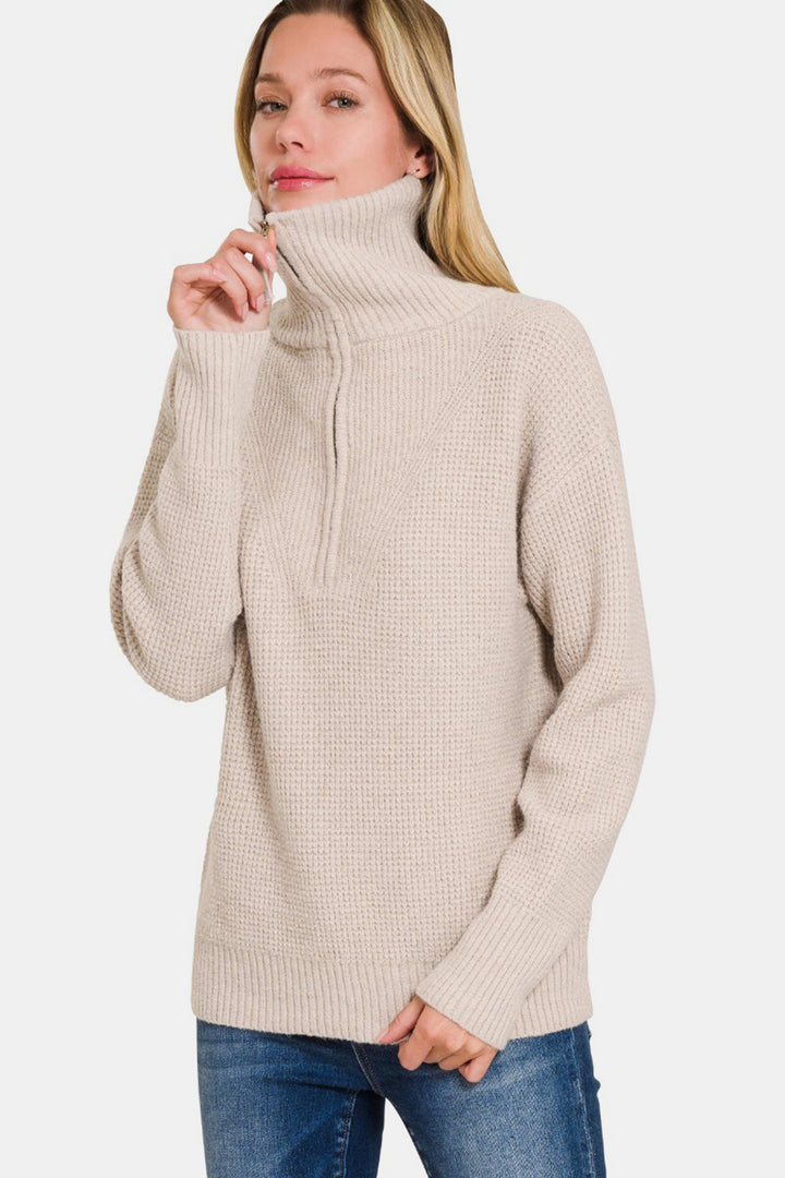 Zenana - Half Zip Long Sleeve Sweater - Mocha - Inspired Eye Boutique