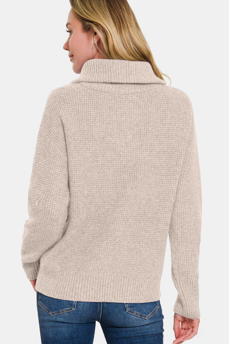 Zenana - Half Zip Long Sleeve Sweater - Mocha - Inspired Eye Boutique