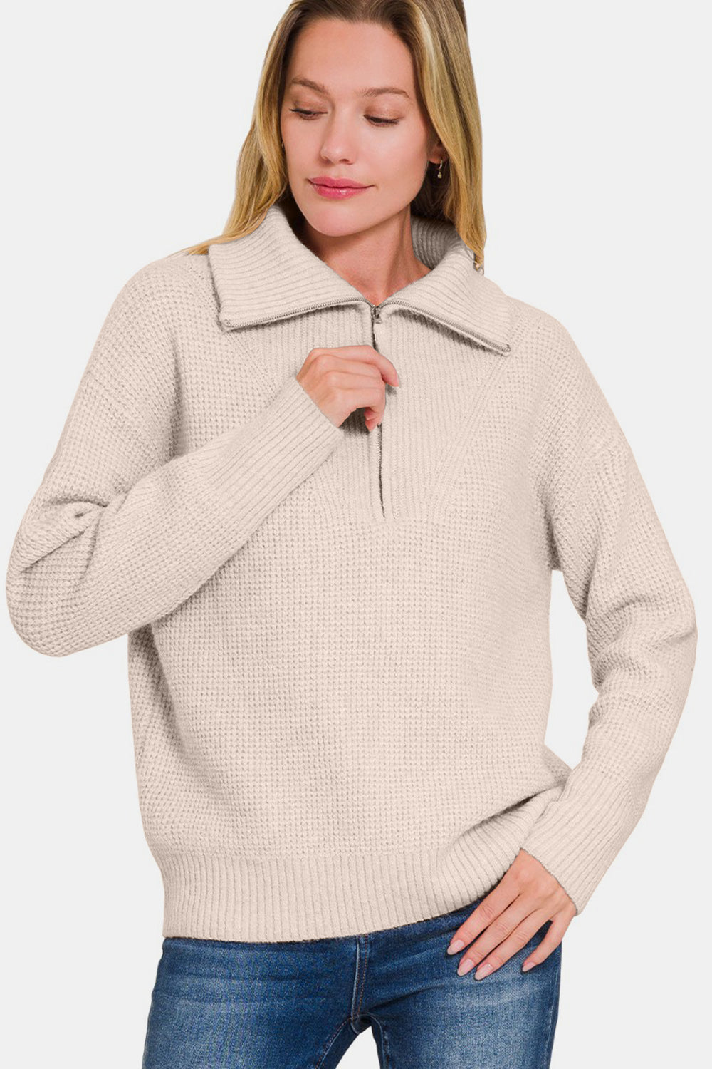 Zenana - Half Zip Long Sleeve Sweater - Mocha - Inspired Eye Boutique