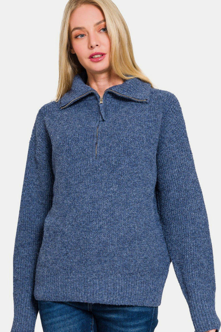 Zenana - Half Zip Long Sleeve Sweater - Navy - Inspired Eye Boutique