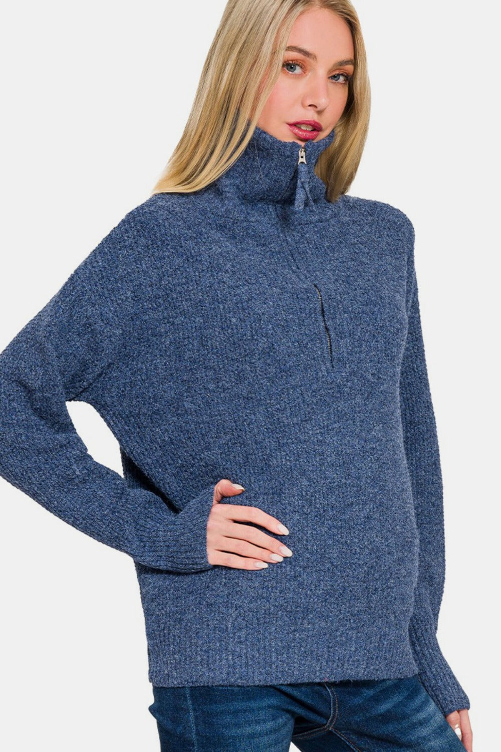 Zenana - Half Zip Long Sleeve Sweater - Navy - Inspired Eye Boutique