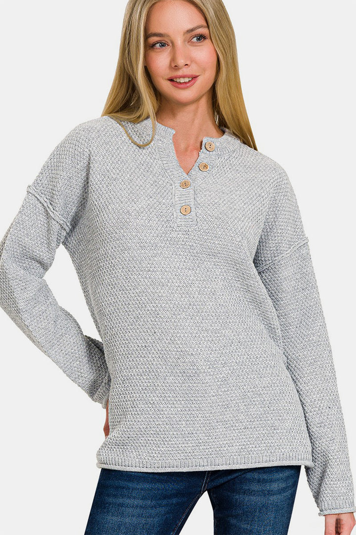 Zenana - Henley Neckline Sweater - H Grey - Inspired Eye Boutique