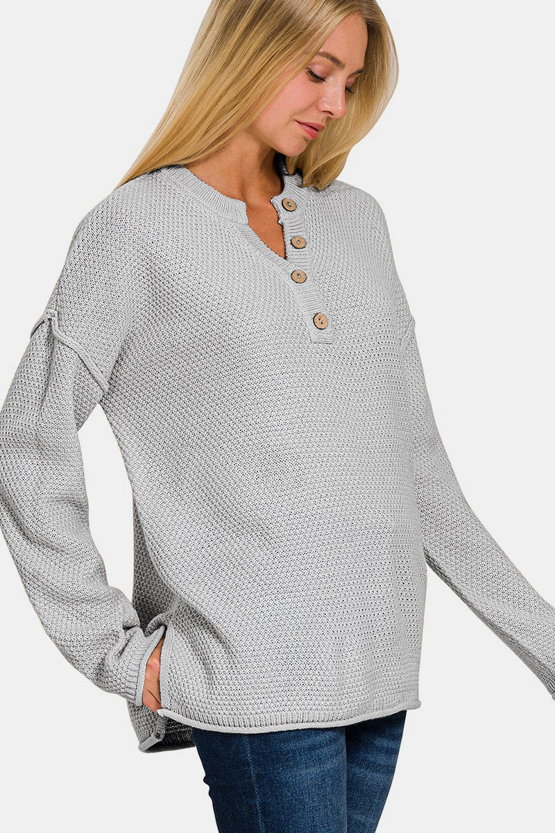 Zenana - Henley Neckline Sweater - H Grey - Inspired Eye Boutique