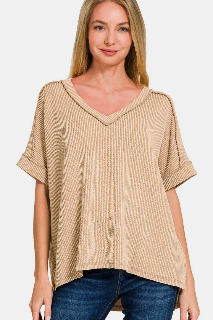 Zenana - Hi-Low Ribbed Short Sleeve Top - Lt Mocha - Inspired Eye Boutique