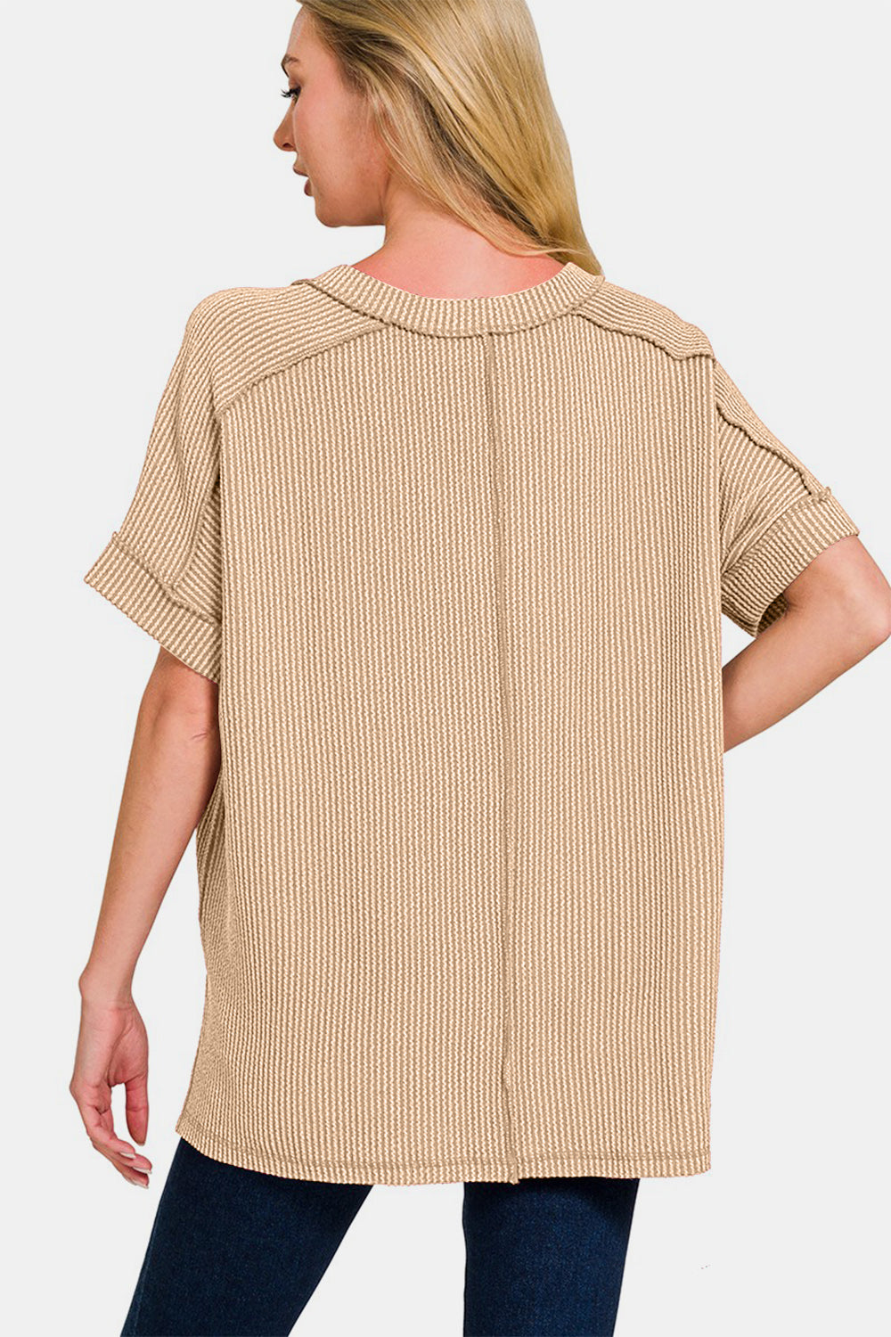 Zenana - Hi-Low Ribbed Short Sleeve Top - Lt Mocha - Inspired Eye Boutique