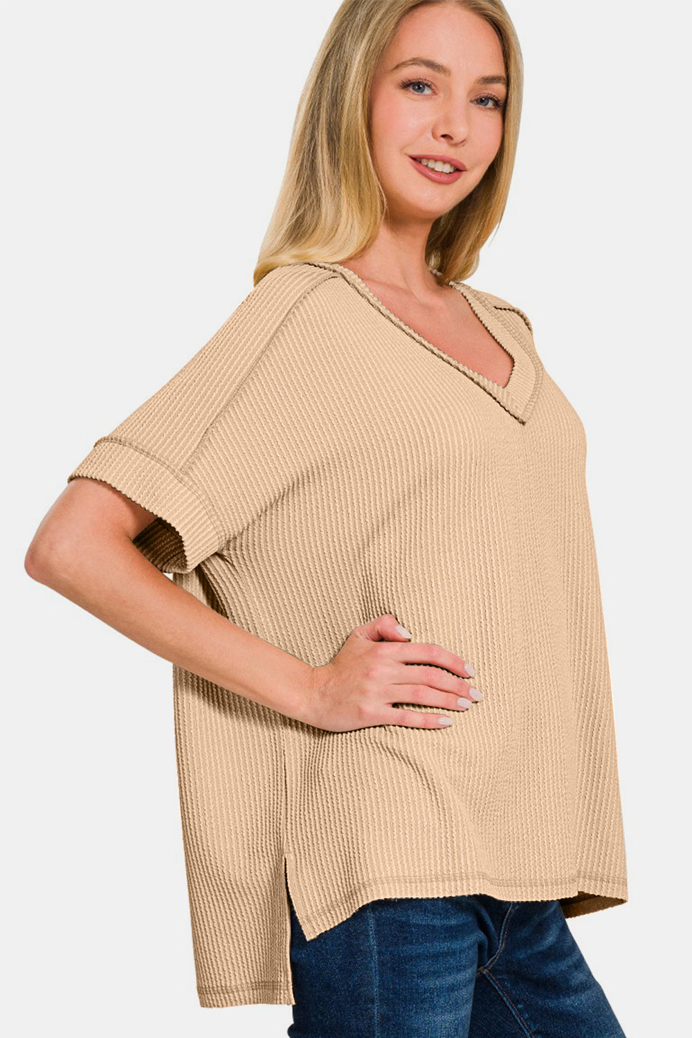 Zenana - Hi-Low Ribbed Short Sleeve Top - Lt Mocha - Inspired Eye Boutique