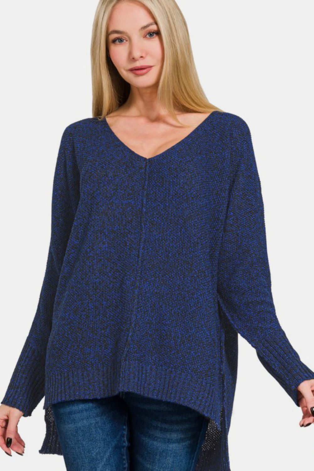 Zenana - High-Low Center Seam V-Neck Sweater - Dark Navy - Inspired Eye Boutique