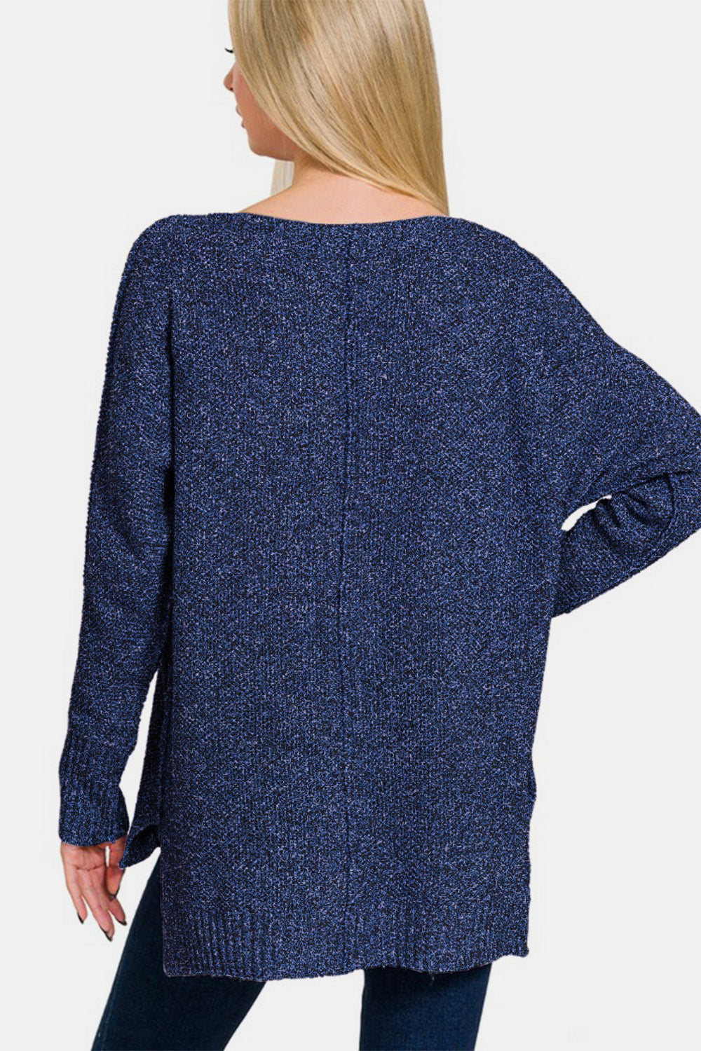 Zenana - High-Low Center Seam V-Neck Sweater - Dark Navy - Inspired Eye Boutique