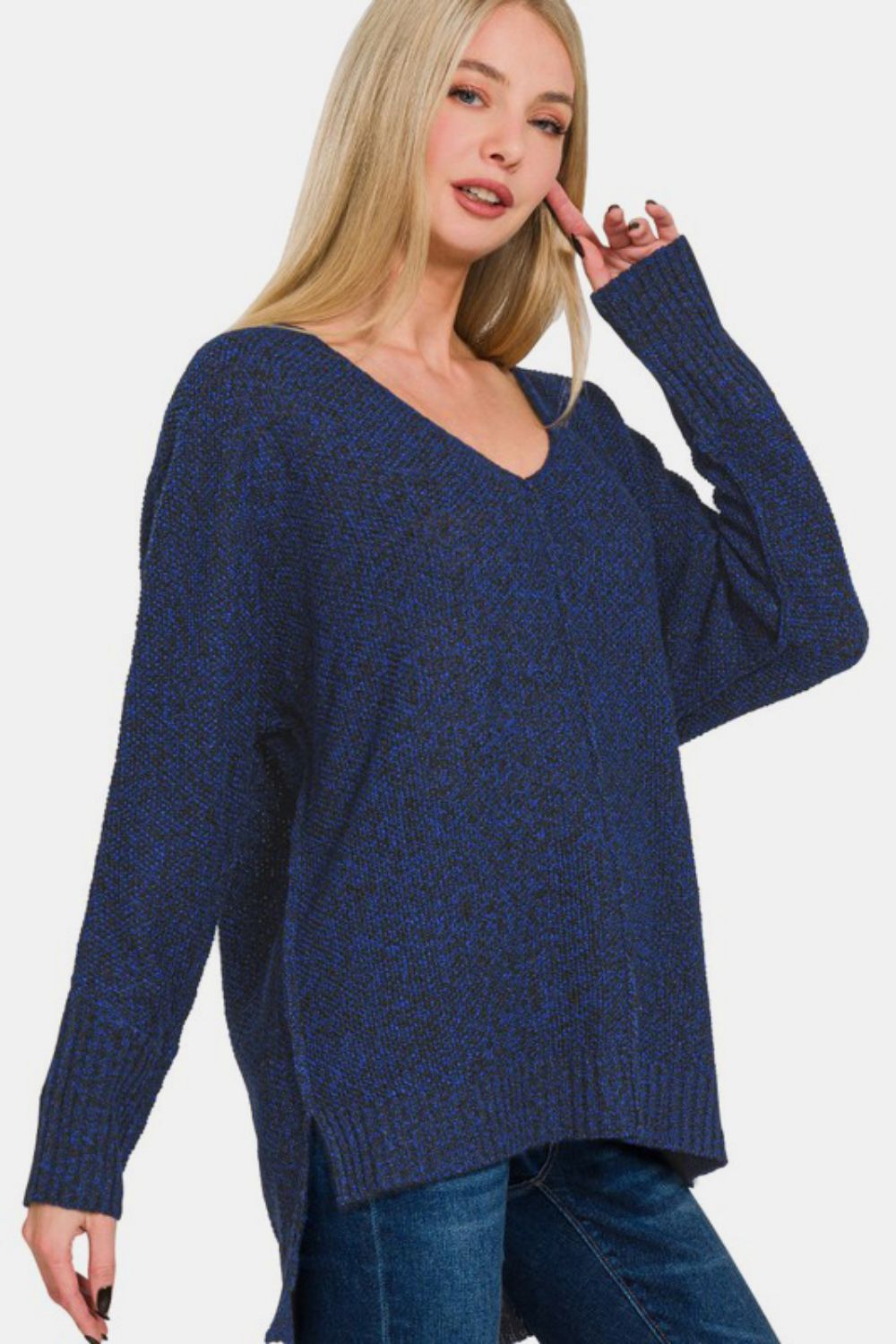 Zenana - High-Low Center Seam V-Neck Sweater - Dark Navy - Inspired Eye Boutique