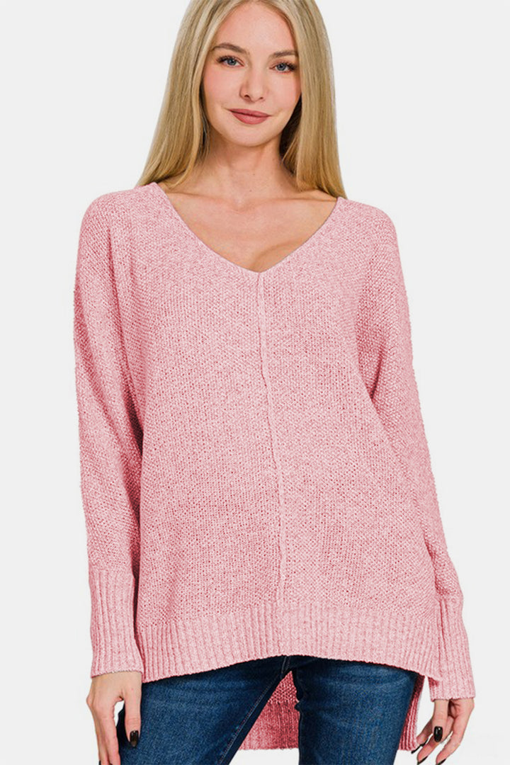 Zenana - High-Low Center Seam V-Neck Sweater - Dusty Pink - Inspired Eye Boutique