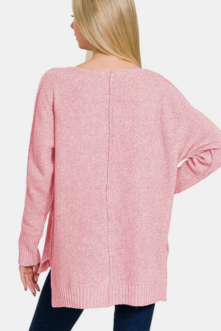 Zenana - High-Low Center Seam V-Neck Sweater - Dusty Pink - Inspired Eye Boutique