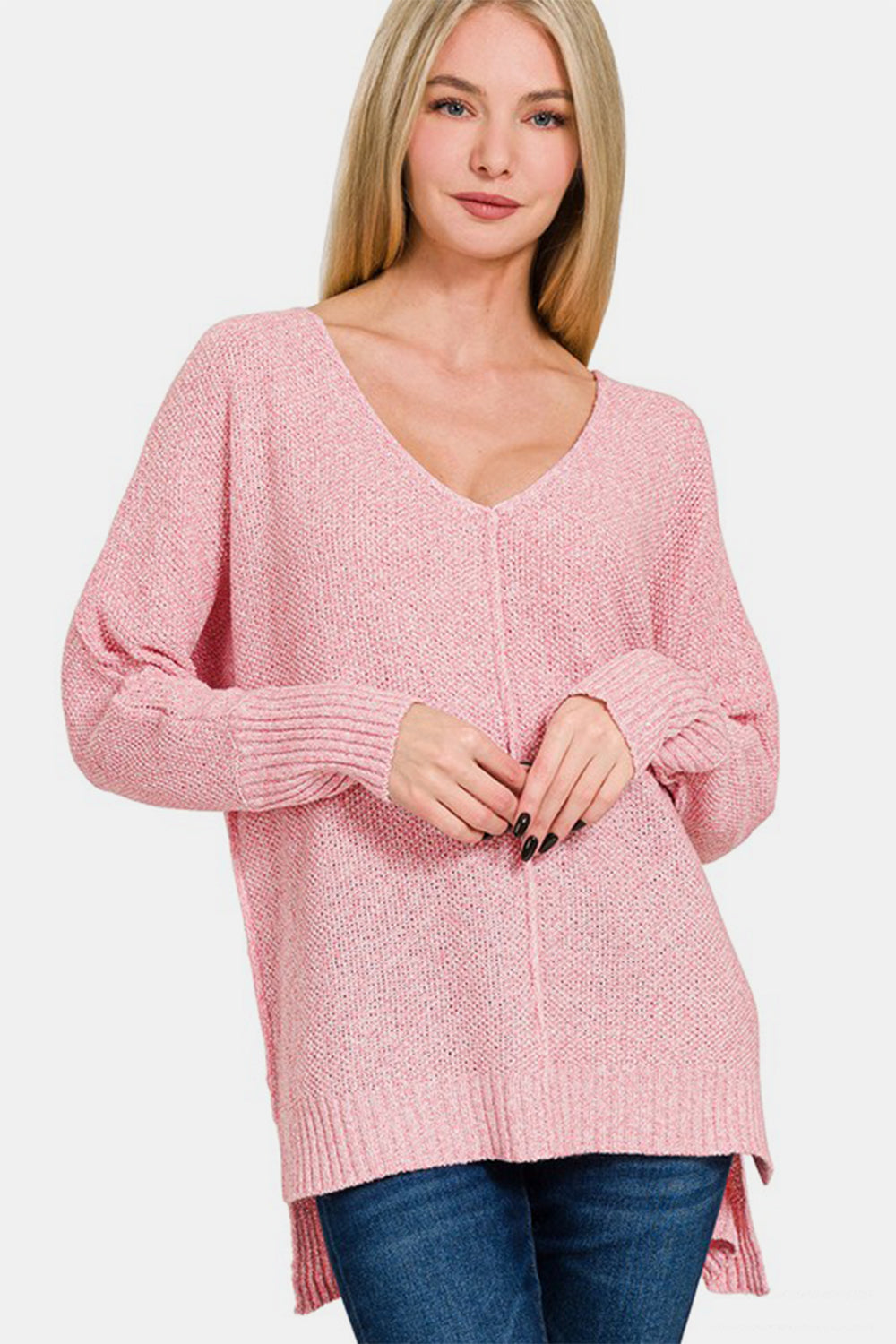 Zenana - High-Low Center Seam V-Neck Sweater - Dusty Pink - Inspired Eye Boutique