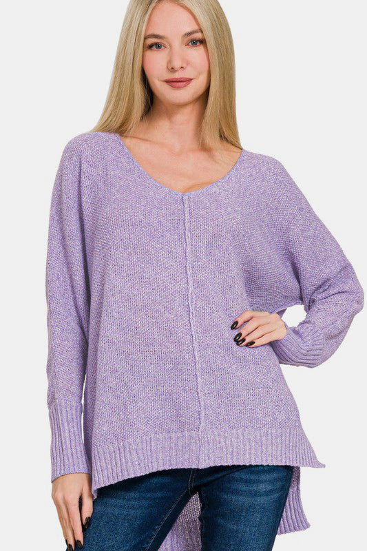 Zenana - High-Low Center Seam V-Neck Sweater - Lavender - Inspired Eye Boutique