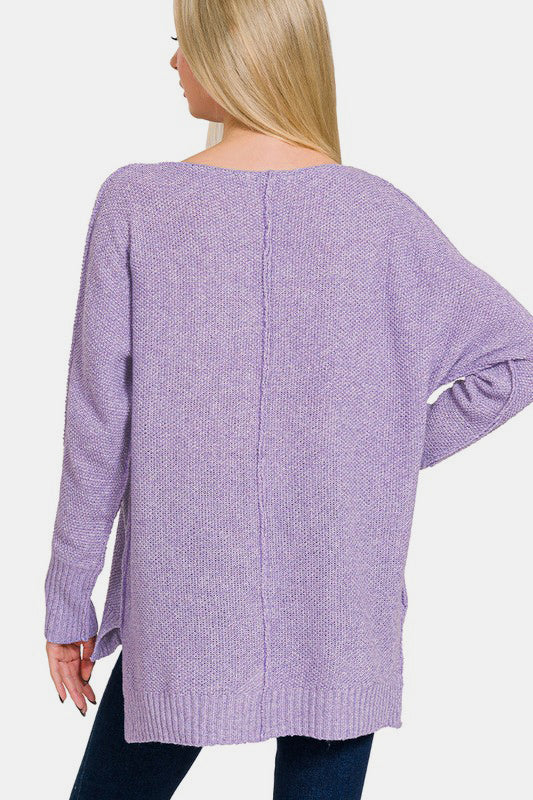 Zenana - High-Low Center Seam V-Neck Sweater - Lavender - Inspired Eye Boutique