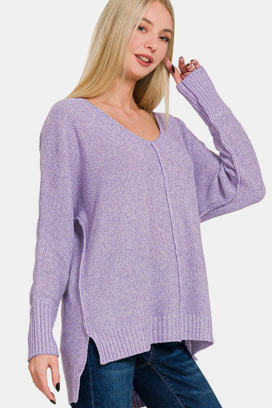 Zenana - High-Low Center Seam V-Neck Sweater - Lavender - Inspired Eye Boutique