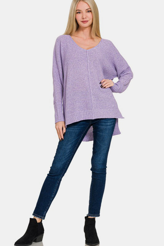 Zenana - High-Low Center Seam V-Neck Sweater - Lavender - Inspired Eye Boutique