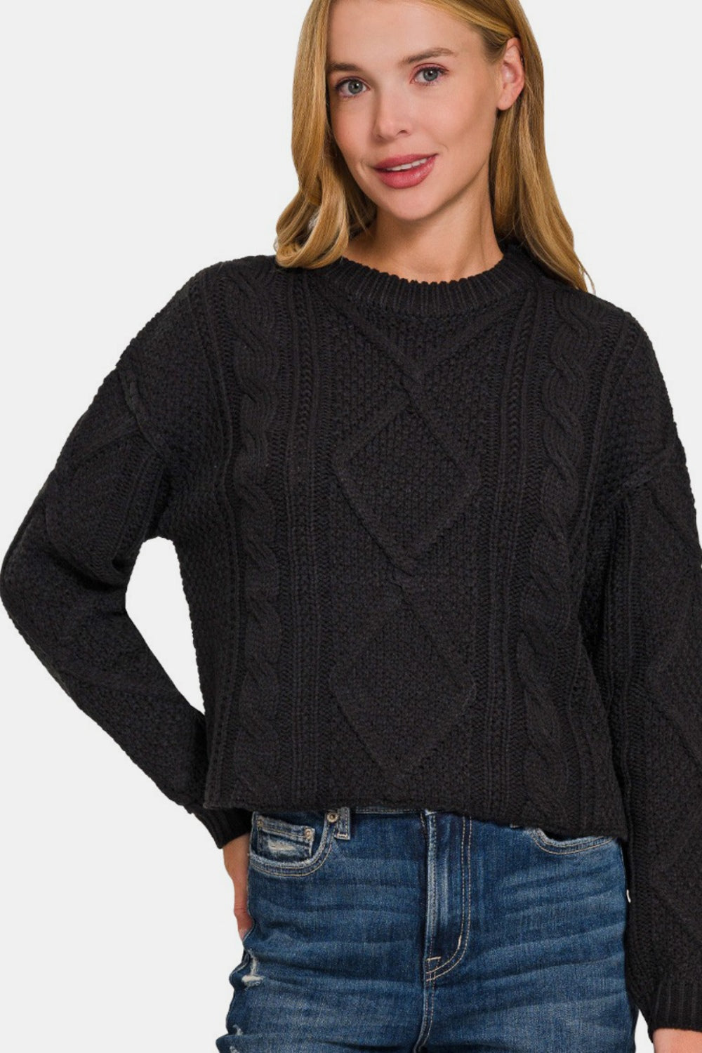 Zenana - High Low Hem Cable Knit Sweater - Black - Inspired Eye Boutique