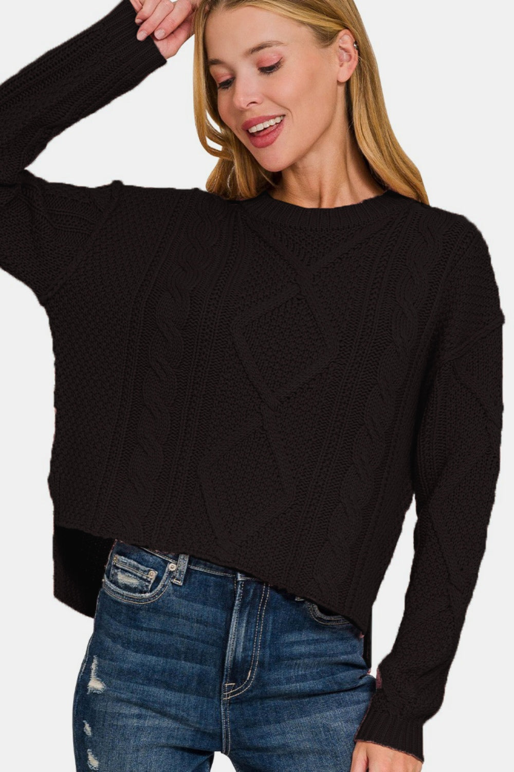 Zenana - High Low Hem Cable Knit Sweater - Black - Inspired Eye Boutique