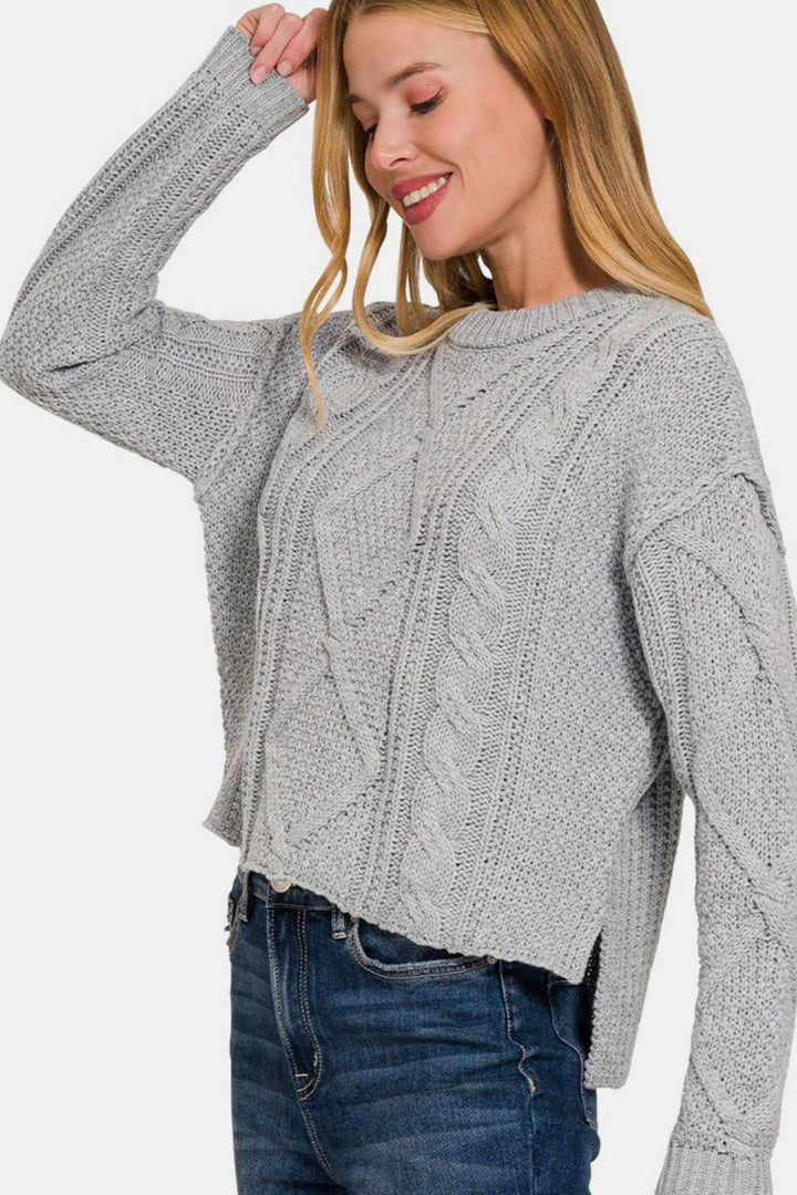 Zenana - High Low Hem Cable Knit Sweater - H Grey - Inspired Eye Boutique