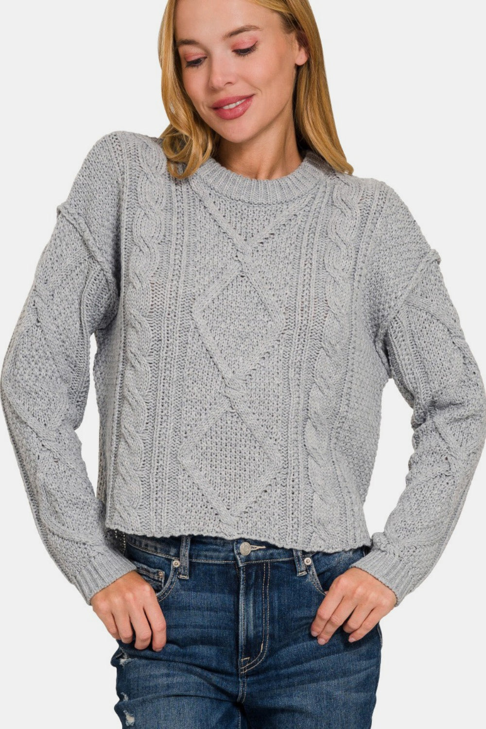 Zenana - High Low Hem Cable Knit Sweater - H Grey - Inspired Eye Boutique