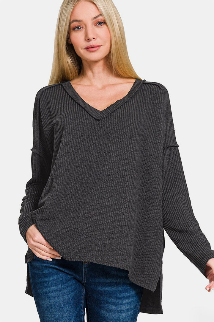 Zenana - High Low Ribbed V-Neck Top - Black - Inspired Eye Boutique